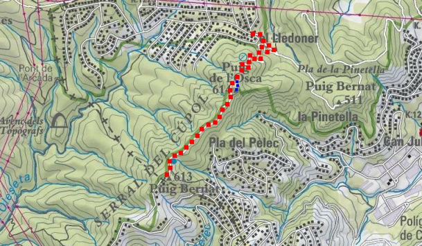 Itinerari: pujada en vermell i variant de tornada en blau (Mapa ICC)