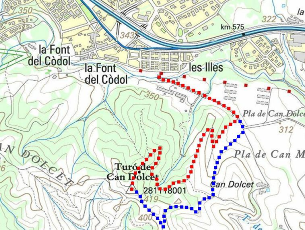 Itinerari: pujada en vermell i baixada en blau (Mapa ICC)