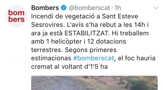 Un incendi a Sant Esteve Sesrovires afecta 1,5 hectàrees de vegetació