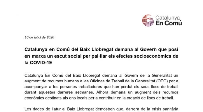 Catalunya en Comú del Baix Llobregat demana al Govern que posi en marxa un escut social per pal·liar els efectes socioeconòmics de la COVID-19
