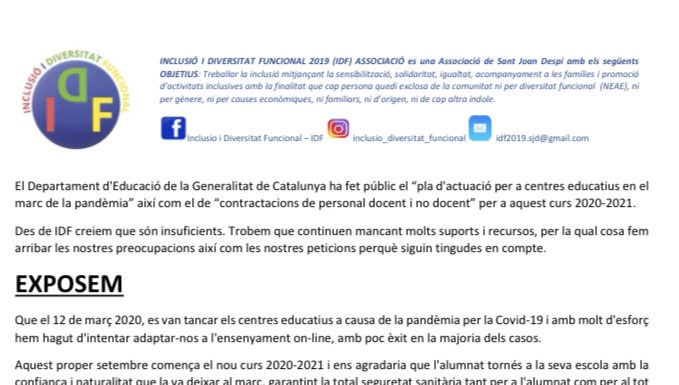 L’associació baixllobregatina d’inclusió i diversitat funcional (IDF) sol.licita mesures més efectives per al pròxim Curs Escolar 2020-2021