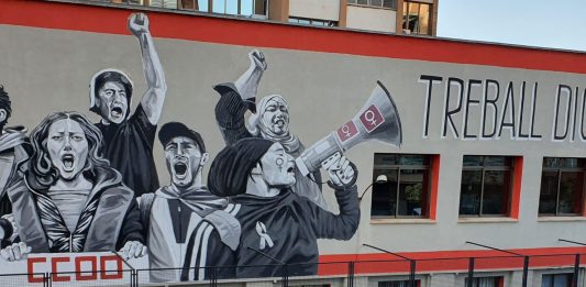 Mural reivindicatiu d’Anna Repullo a la seu comarcal de CCOO a Cornellà