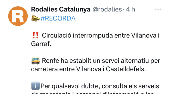 Els equips de Renfe i ADIF continuen treballant per restablir el servei ferroviari de la línia R2 Sud entre Garraf i Vilanova i la Geltrú