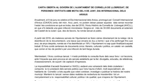 Entitats ciutadanes i especialitzades denuncien l’estat de l’arxiu històric de Cornellà