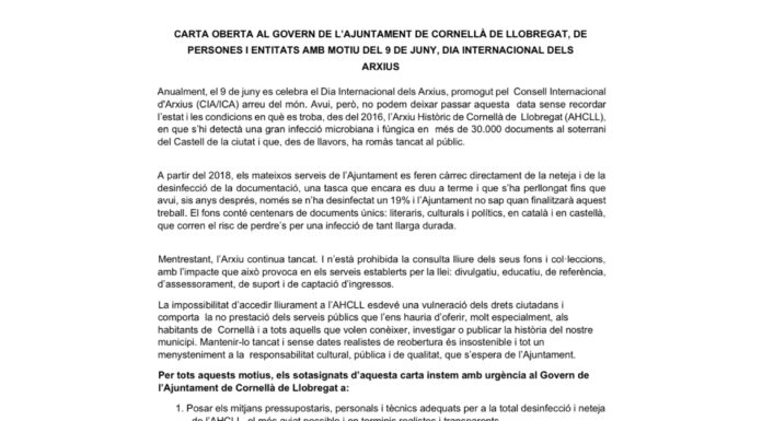 Entitats ciutadanes i especialitzades denuncien l’estat de l’arxiu històric de Cornellà
