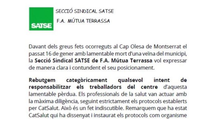 El sindicat SATSE denuncia amenaces i agressions a sanitaris del CAP Olesa després de la mort d’una usuària