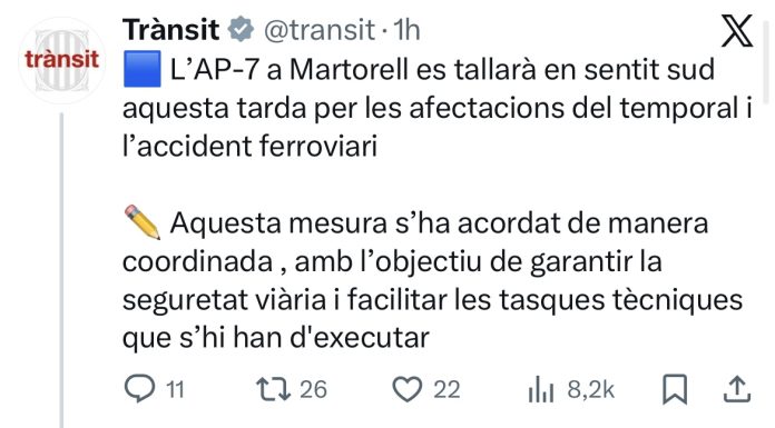 Tall indefinit de l’AP-7 en sentit sud a Martorell per risc de col·lapse després de l’accident de Rodalies