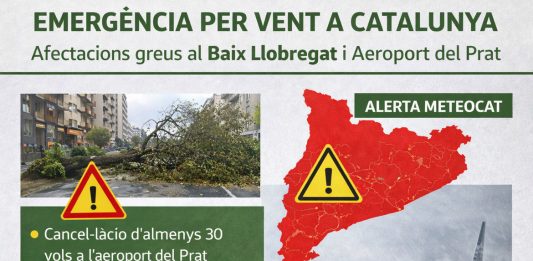 Emergència per vent a Catalunya: ventades fortes afecten el Baix Llobregat i provoquen cancel·lacions a l’aeroport del Prat
